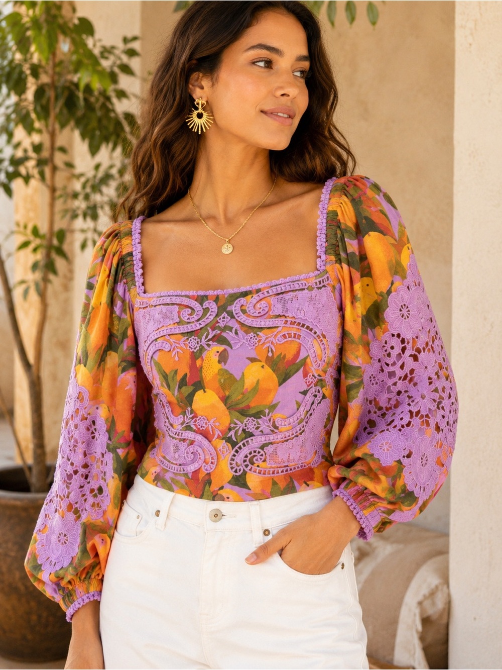 Lavender & Orange Floral Lace Square-Neck Puff Sleeve Top